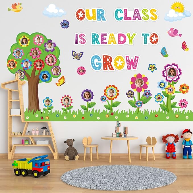 gisgfim Spring Bulletin Board Set Our Class is Ready to Grow Classroom Decorations Flower Butterfly Motivational Paper Cutouts for Spring Classroom School Chalkboard Door Wall Decor