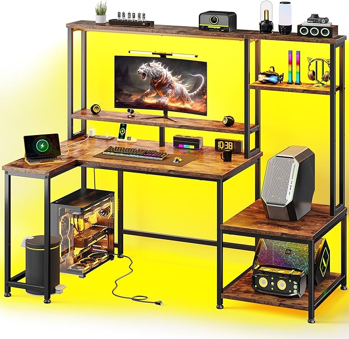 Computer Desk with LED Lights & Outlets,55" L Shaped Gaming Desk with Shelves & Storage Hutch,Reversible Corner Gaming Table with Printer Space & Monitor Stand for Home Office,Rustic Brown