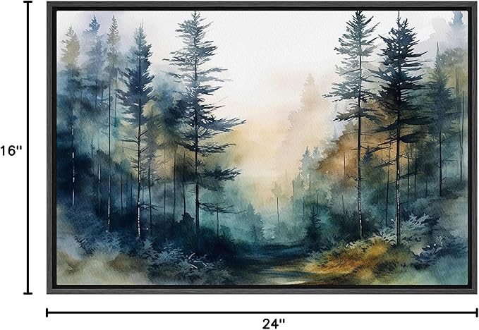 SIGNFORD Framed Canvas Print Wall Art Pine Tree Forest Nature Wilderness Realism Decorative Landscape Relax/Calm for Living Room, Bedroom, Office - 16"x24" Black