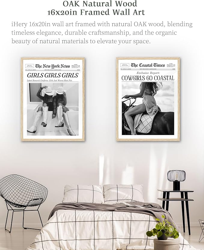 iHery Girls Just Wanna Have Fun Framed Trendy Cowgirl NewsPaper Wall Art, Large 16x20in Natural OAK Wood Black and White Canvas Wall Decor For Bedroom Dorm Living Room,Vintage Bar Car Home 1Pack