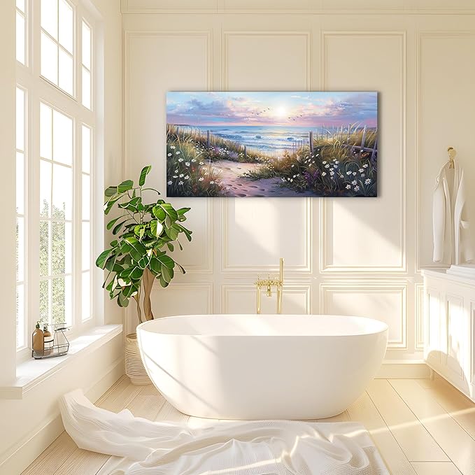 hyidecorart Canvas Wall Art For Living Room Wall DecorFor Bedroom Flower Beach Scenery Wall Painting Blue Ocean Pictures Artwork Office Decor Modern Framed Posters Home Decorations 20"X40"
