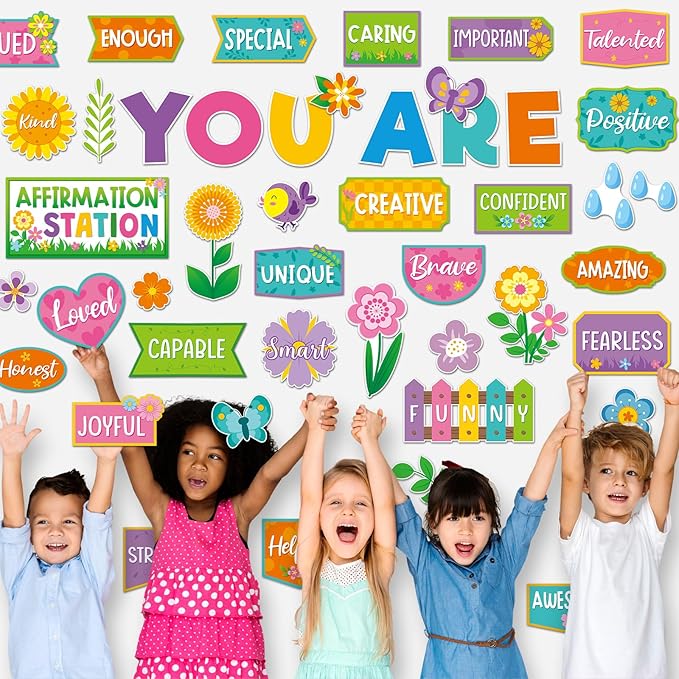 45pcs Spring Affirmation Station Bulletin Board Set Motivational Posters Classroom Mirror Growth Mindset Decor Positive Affirmations Accents Cutouts for School Office Home Teacher Wall Supply