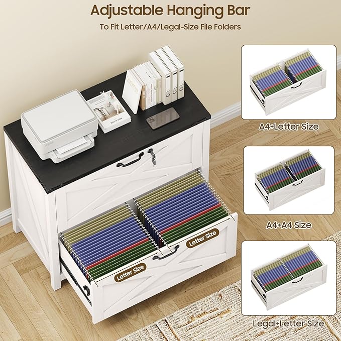 Farmhouse File Cabinet, Lateral Filing Cabinet with 2 Drawers with Lock for Letter/A4 Size Hanging Files, Large Wooden Printer Stand File Storage Cabinet for Home Office, White and Black