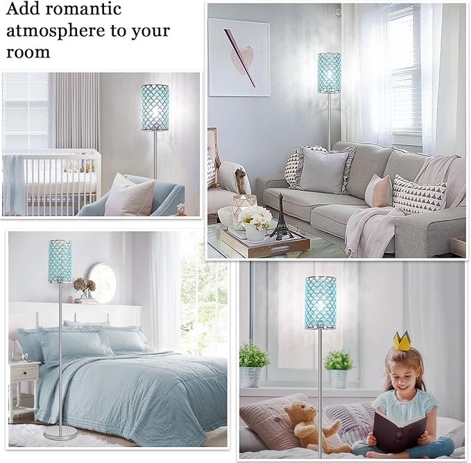 Floor Lamp for Living Room, Crystal Floor Lamp Girl Bedroom Lights, Silver Standing Lamps with Teal Shade, Elegant Standing Light Tall Pole Lamp for Bedroom, Dresser, Office (E26 Base)