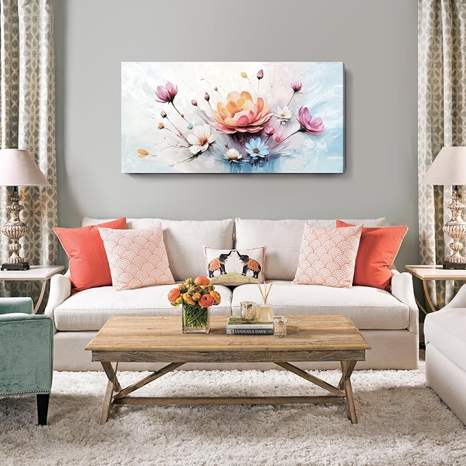 amatop Floral Canvas Wall Art – Framed Modern Abstract Botanical Print in Pink, Blue & White, Nature Art for Living Room, Bedroom & Office Decor (48x24 Inches)