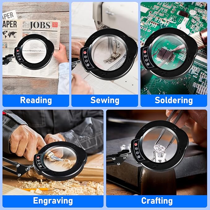 10X Magnifying Glass with Light and Stand, LED Desk Lamp with Base and Clamp, 5 Color Mode, 10 Dimmable Levels, Hands Free for Reading Crafts Jewelry Sewing Close Work