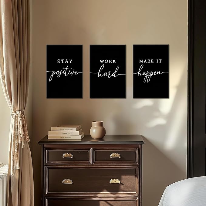 Motivational Office Wall Art Canvas Prints Set of 3 – Stay Positive Work Hard Make It Happen, Modern Positive Quotes Wall Decor for Home Office Living Room Bedroom Decor 16x24 inch Framed