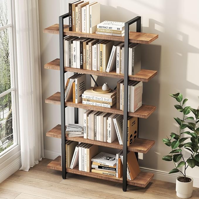 HSH 5 Tier Solid Wood Bookshelf, Natural Real Wood Bookcase, Industrial Rustic Vintage Etagere Bookshelf, Open Metal Farmhouse Solid Wooden Book Shelf, Distressed Brown