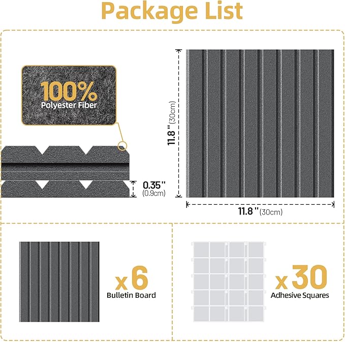 Large Cork Board for Wall 36" x 24" Black Bulletin Board with Safe Removable Adhesive Squares for Pictures Photos, Alternative CorkBoard Felt Pin Boards Tiles for Office Classroom Wall Decor - 6 Pack
