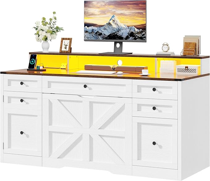 YITAHOME Computer Desk Stool Set with 5 Drawers, Office Desk with Power Outlets & LED Lights, Farmhouse Wood Desk Home Office Desks with Storage Cabinet & Monitor Stand for Work, Study, Antique White