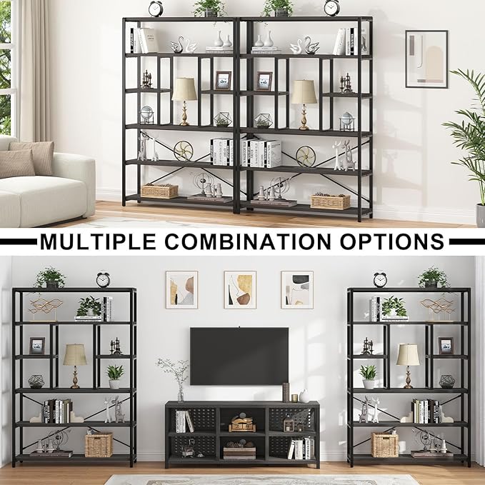 LVB Industrial Tall Bookshelf, Modern Wood Metal 6 Tier Book Shelf, Farmhouse Large 6 Shelf Etagere Bookcase, Open Wide Storage Bookshelves and Bookcases for Bedroom Living Room Office, Dark Gray Oak