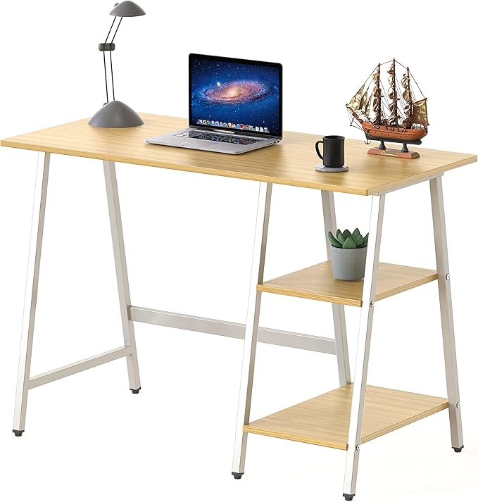 SHW 43-Inch Home Office Trestle Computer Desk with Open Storage Shelves, Oak