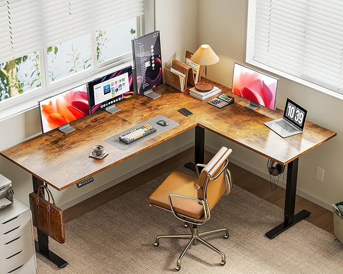Casaottima 71 Inch Reversible Electric L Shaped Standing Desk, Height Adjustable Corner Stand up Desk, Ergonomic Large Lift Table for Home, Office, Workstation, Reception Room, Rustic Brown