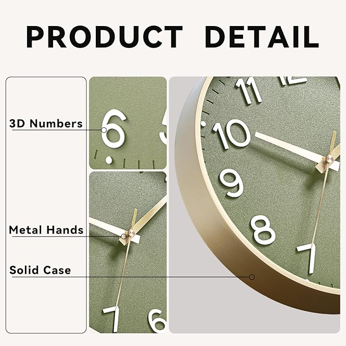 Wall Clock Green, Silent Wall Clocks Battery Operated 8 Inch-Modern Non Ticking Analog Clock Decorative for Kitchen Office Bathroom Bedroom(Gold)