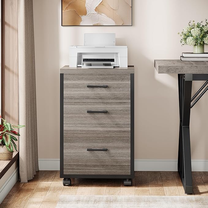 Triebsigns 3 Drawer File Cabinet, Vertical Mobile Filing Cabinet, Under Desk Rolling Printer Stand for Home Office, fits A4 or Letter Size (Grey)