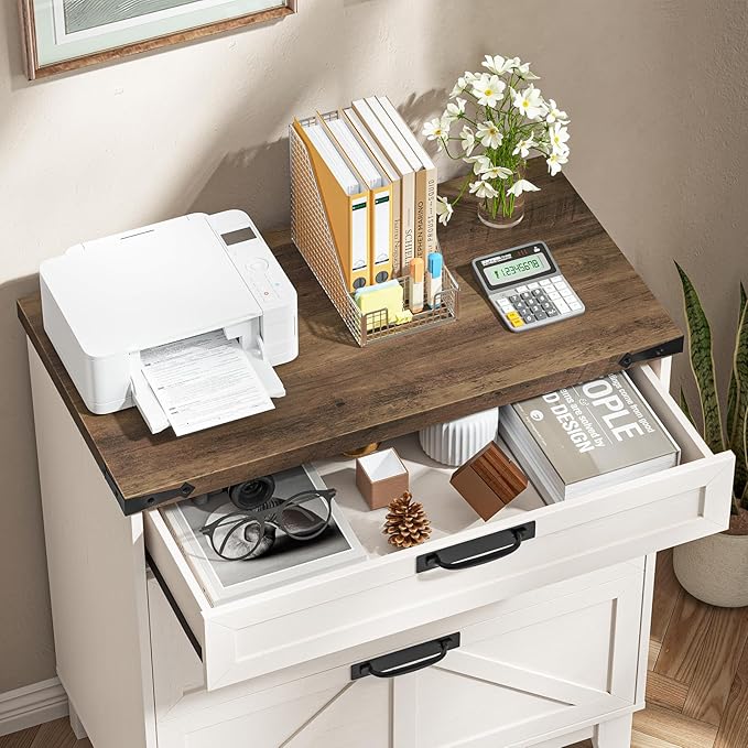 Vabches Lateral File Cabinet with 3 Drawers, Farmhouse File Cabinet for Legal/Letter/A4 Size Hanging Files, Large Wood Printer Stand Home Office, Rustic White