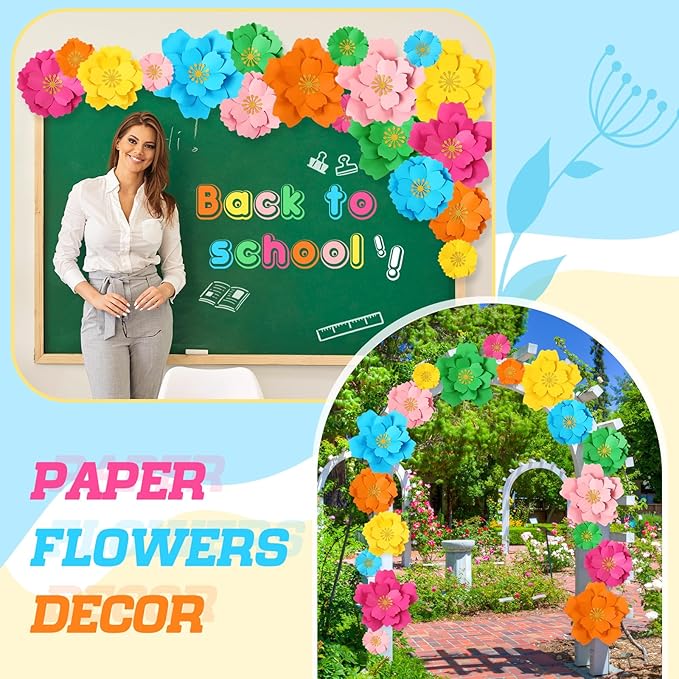 18 Pcs Paper Flowers Decor for Wall DIY Flower Bulletin Board 3D Spring Fiesta Mexican Paper Floral Decoration for Photo Backdrop Classroom Back to School Party(Circular,Rainbow)