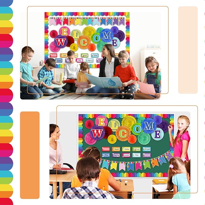 Qilery Welcome Bulletin Board Sets Welcome Back Classroom Decorations Bulletin Board Nameplate Cutout Paper Fans Banner for Back to School Chalkboard Wall Decor (Colorful)
