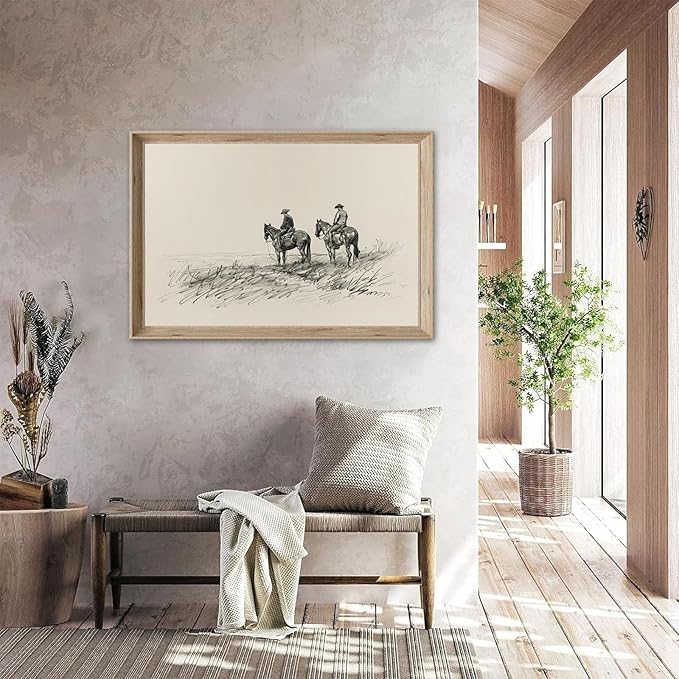 Vintage Cowboys on Horses Sketch Canvas Print Neutral Western Wall Art Farmhouse Wall Decor Rustic Country Art Poster Trendy Eclectic Vintage Artwork Prints for Living Room Dorm Office Decor, Unframed