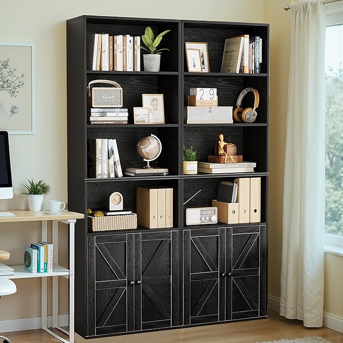 YESHOMY 71.5" Tall Bookshelf and Bookcase, Industrial Bookshelves and Bookcases with Doors, 4-Tier Floor Standing Tall Display Storage Cabinet with Doors for Home Office, Living Room, Black, 2 PCS