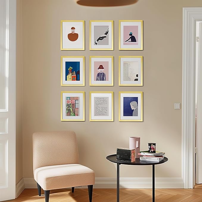 eletecpro 11x14 Picture Frames Set of 9 Modern Gallery Wall Frame Set, Displays 8x10 Photos with Mat or 11x14 No Mat, Gold Picture Frames Collage Wall Decor for Home Decor