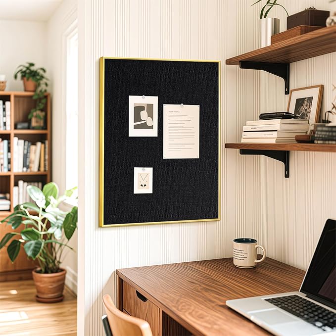 Black Bulletin Board with Linen, 36"x24", Cork Boards for Walls with Gold Aluminum Frame, Hanging Pin Board Vision Board for Home Office Kitchen Room Decor, 10 Push Pins