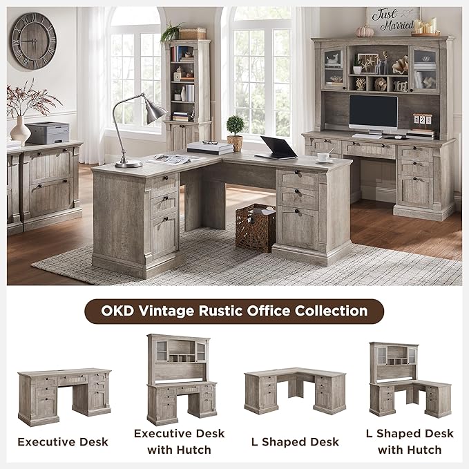 OKD 60" Executive Desk with Hutch and Drawers, Farmhouse Home Office Desk with Charging Station, Keyboard Tray, File Cabinet Storage, Wood Computer Desk for Work and Study, Light Rustic Oak