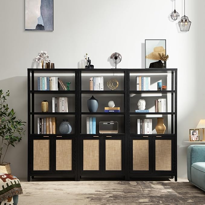 SICOTAS Bookshelf 5 Tier Book Shelf Rattan Boho 71" Tall Bookcase with Doors Storage Shelves Large Bookshelves Farmhouse Bookcases Library Book Case for Living Room Bedroom Home Office Kitchen