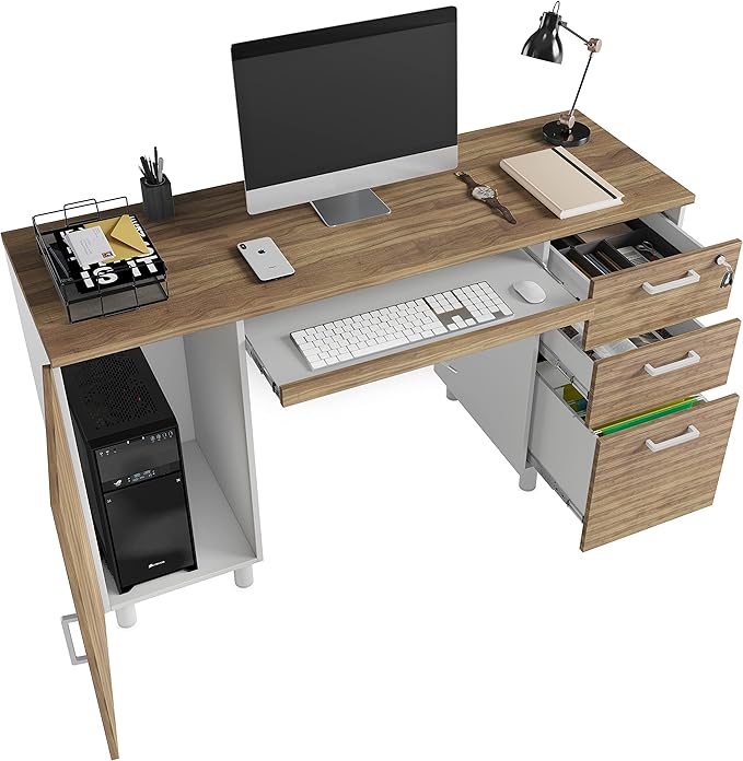 Modern Design Venice Computer Office Desk with 3 Locking Drawers and Storage Cabinet, 53 Inch Home and Office Executive Walnut and White Desk with Keyboard Tray by Crafts and Comfort