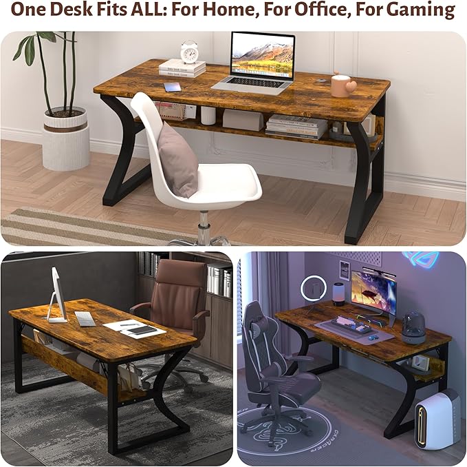 StarGraph Computer Desk 47 Inch Large Computer Desk with Storage Shelf Home Office Desk with C Shaped Metal Frame Writing Work Study Student Home Bedroom Office (Brown, 47inch)