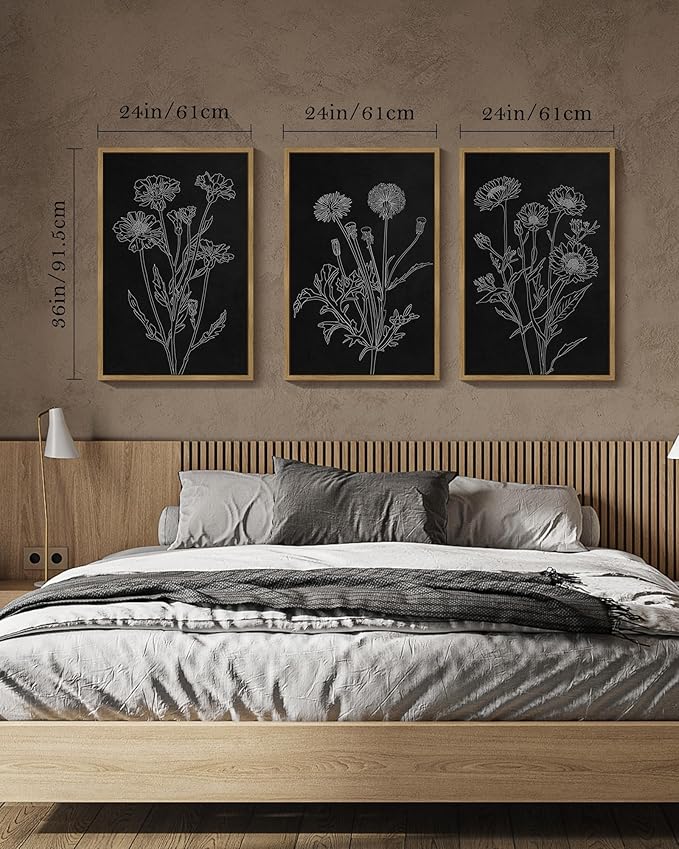 Drsoum Black White Flower Wall Art Vintage Minimalist Floral Wall Hanging Decor Bohemain Botanical Prints Artwork for Bedroom Living Room Hallway 24x36in Natural Framed