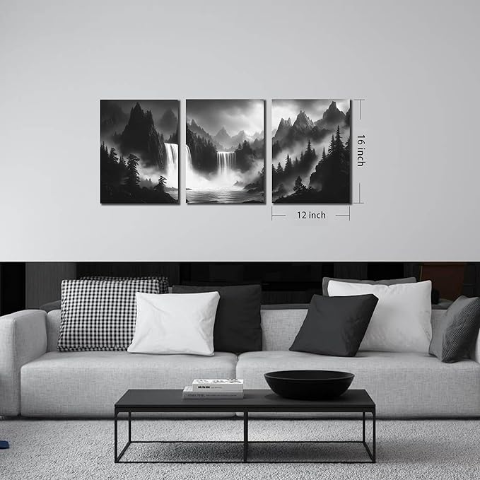 Foggy Forest Wall Art for Living Room - Mountains Canvas Wall Art for Office - Black and White 3 Piece Wall Decor Size 12" x 16"