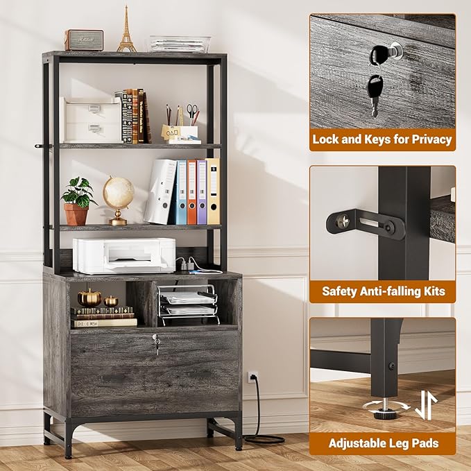 Homieasy Vertical File Cabinet, Bookshelf Filing Cabinet with Charging Station & Lock, Printer Stand Drawer Cabinet for Home Office, Fits Letter/A4/Legal Size, Grey