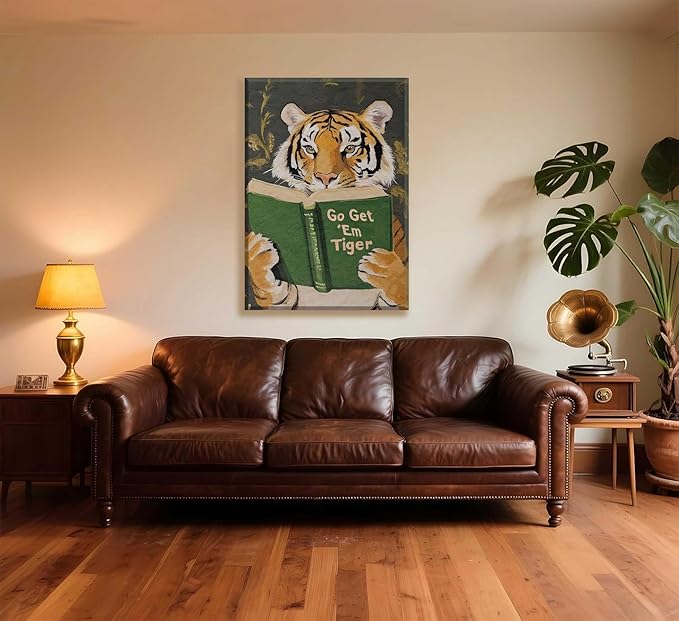 Vintage Motivational Tiger Reading Wall Art Go Get Em Tiger Canvas Wall Decor Funny Cute Prints Painting Humorous Bookworm Poster Picture For Home Bedroom Dorm Framed