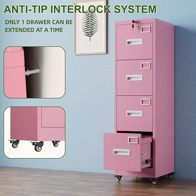 Aobabo 4 Drawer File Cabinet with Wheels, Lockable Office Metal Filing Cabinet with Name Card for Office and Home,Assembly Required,Pink