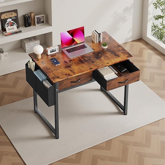 DUMOS 32" Home Office Computer Desk with Drawers, Small Gaming Writing Study Table with Storage Side Bag, Headphone Hook and Adjustable Feet for Bedroom Rustic Brown