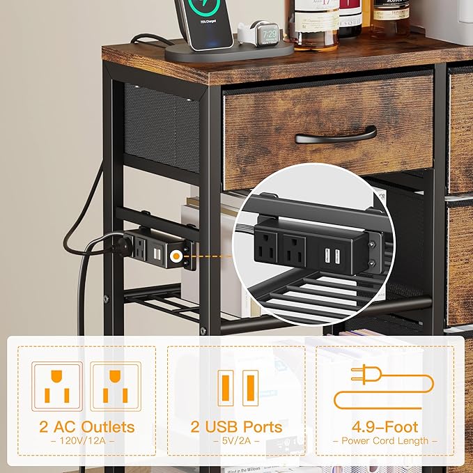 4 Drawer File Cabinet with Charging Station, Rolling Printer Stand Table with Open Storage Shelf, Mobile Fabric Filing Cabinet for Home Office, Rustic Brown