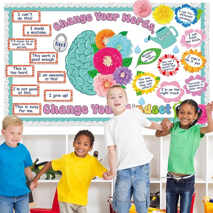 Growth Mindset Bulletin Board Decoration Flower Change Your Words Spring Brain Bulletin Board Set Cutouts with 3D Tissue Paper Pompoms Positive Sayings Posters Decor for Back to School Supplies