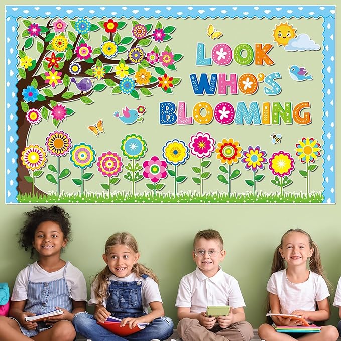 Spring Bloom Flower Bulletin Board Set Look Who’s Blooming Classroom Decorations Spring Tree Growth Mindset Photo Posting Paper Cutouts for Class School Office Nursery Home Chalkboard Door Wall Decor