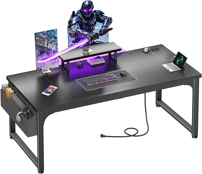 63 Inch Gaming Desk with 0.95 Inch Thicker Desktop, Computer Desk with Power Outlets & Monitor Stand & LED Light & Storage Bag, Office Writing Desk for Home Office, Study, Bedroom, Black
