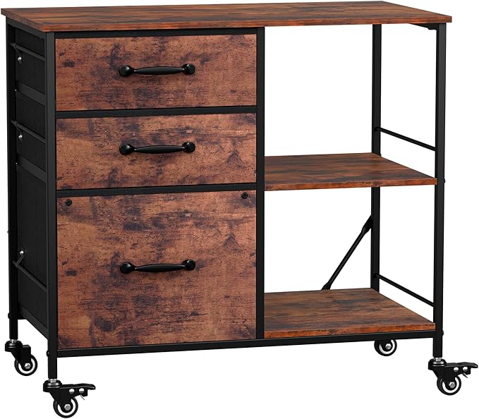 JungleA 3 Drawer Mobile File Cabinet, with 3 Fabric Drawers and 2 Shelves, Mobile Storage Organizer Cart for Office, Study Room, Library, Burnt Texture