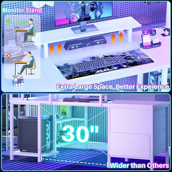 Aheaplus L Shaped Gaming Desk with Hutch, Gaming Desk with Led Lights, Reversible Computer Desk with Power Outlet, Corner Desk with File Drawer & Monitor Stand, Storage Shelves for Home Office, White