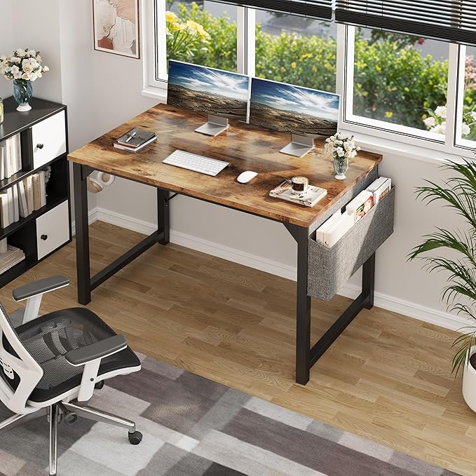 Shahoo Computer Desk, 40 Inch Office Writing Work Table, with Storage Bag and Hook, for Home, Study, Rustic Brown