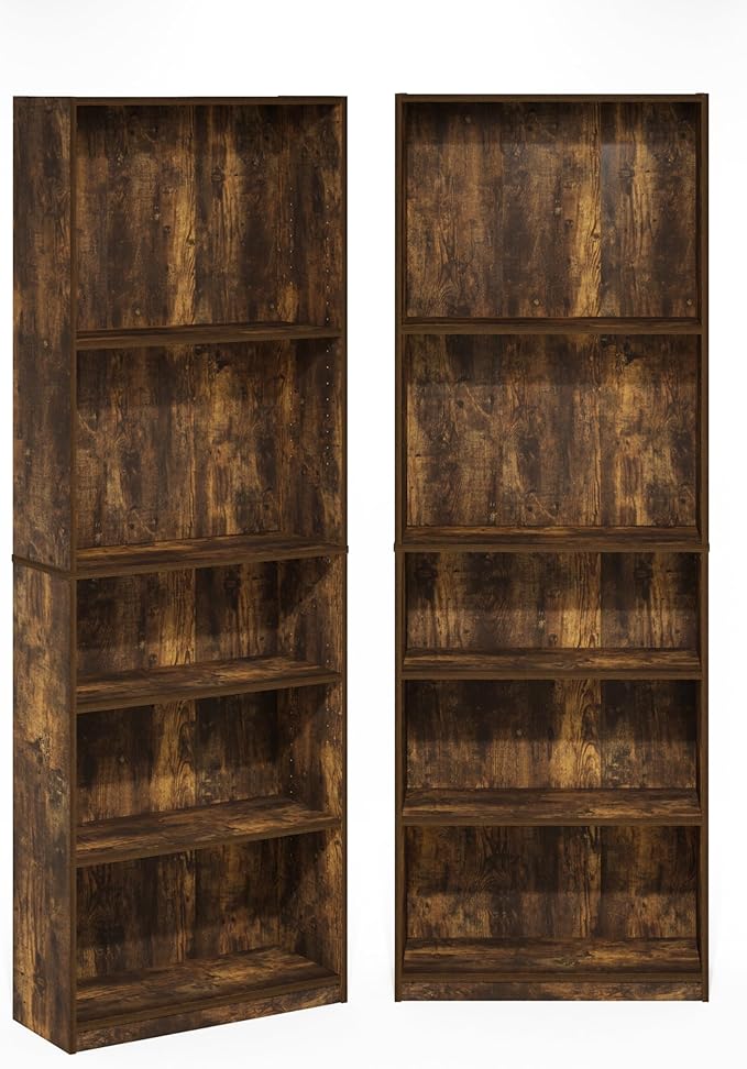 Furinno Jaya Book Shelf Set of 2, 5-Tier Bookshelf, Bookcase, with Adjustable Shelf, 9.5 x 24.5 x 71, for Home Office, Living Room, Amber Pine