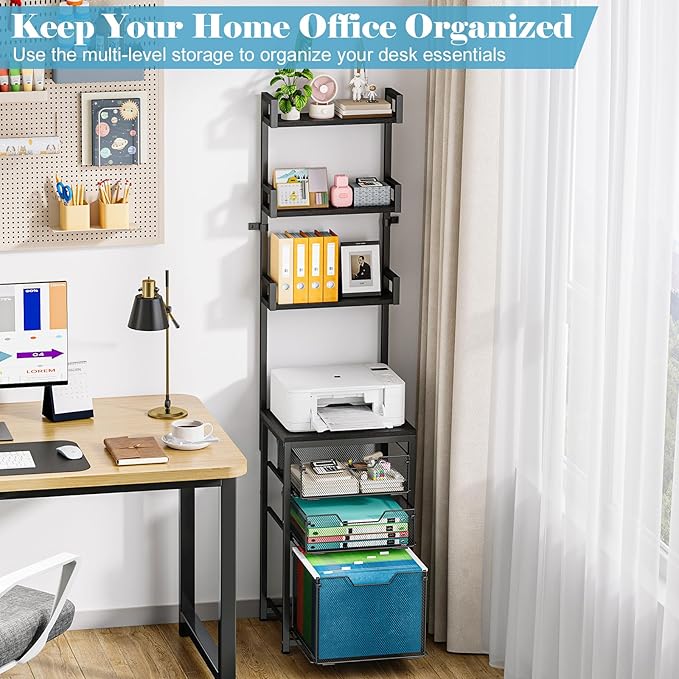 3-Drawer File Cabinet with 3 Shelves, 61" Tall Vertical Filing Cabinet for Home Office, Metal Mesh Drawers with Small Printer Stand, Fit for Letter Files, Black