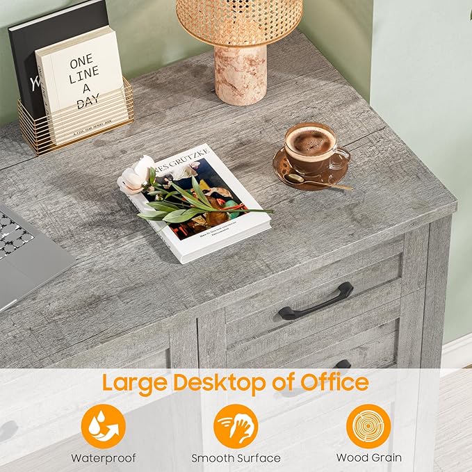 Vabches Farmhouse 47" Executive Desk with 4 Drawers, Computer Desk with File Drawer and Charging Station, Workstation for Home Office, Study.(Grey)