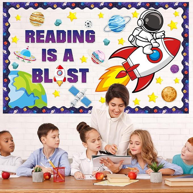 Outer Space Astronaut Bulletin Board Decorations Space Theme Classroom Bulletin Board Set Galaxy Borders Reading is A Blast Adventure Star Cutouts Back to School Preschool Chalkboard Wall Supplies