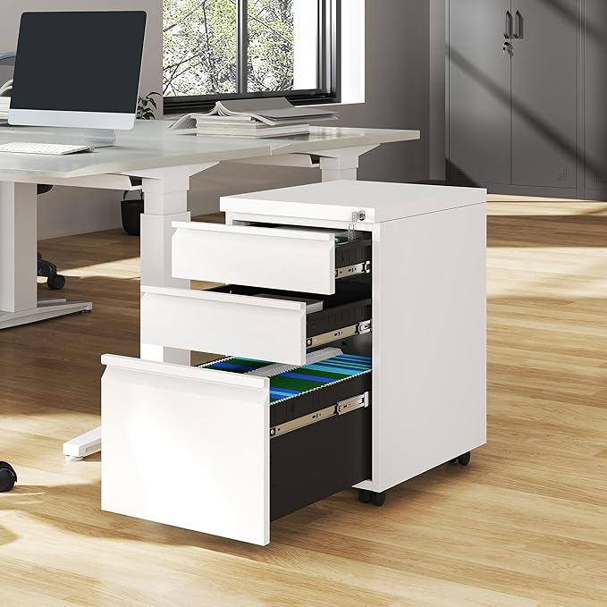 DWVO 3-Drawer Mobile File Cabinet, Pre-Assembled Metal Filing Cabinet for Legal/Letter Size, Lockable Office Storage with 6 Casters, White