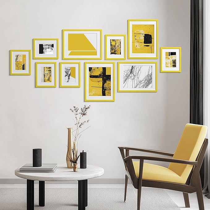 eletecpro 8x10 Picture Frames Set of 10, Picture Frame Collage Wall Decor Display 5x7 Photo With Mat or 8x10 without Mat, Home Decor Gallery Frame for Table Top or Wall Mounting, Yellow