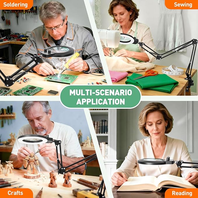 12X & 30X Magnifying Glass with Light, 3 Section Long Arm LED Desk Lamp with Large Clamp, 3 Color and Brightness Magnifier Light and Stand for Sewing, Craft(12X&30X 35in Circular Knob Clamp)